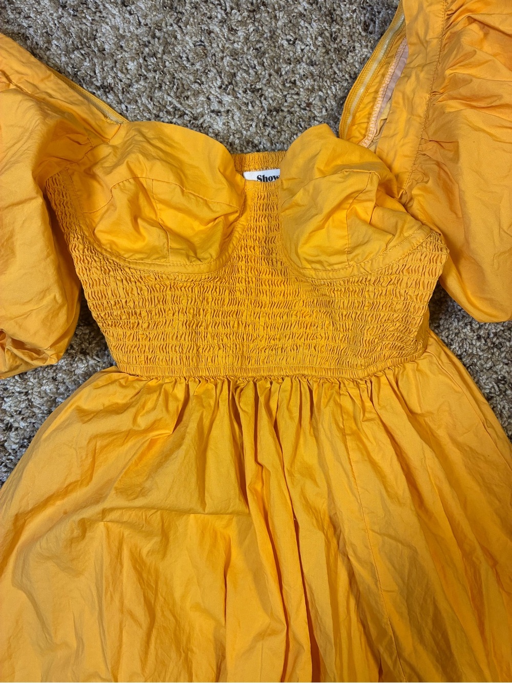 Showpo Raiza Smocked Shirred Waist Puff Sleeve Maxi Dress Marigold - Picture 11 of 14